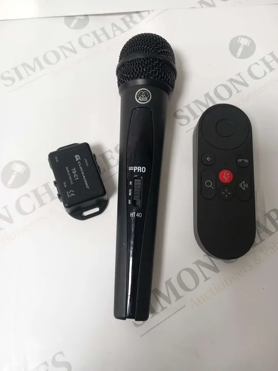 THREE ASSORTED PRODUCTS TO INCLUDE; AKG MINI PRO MICROPHONE, LOGI REMOTE AND CLOCKAUDIO TS-C1