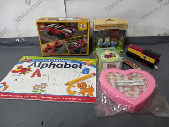 BOX OF APPROXIMATELY 15 ASSORTED ITEMS TO INCLUDE - LEGO SET, NURSERY FRIENDS, ALPHABET LEARNING BOOK ETC