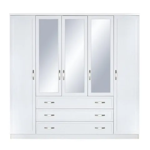DESIGNER BOXED CAMBERLEY WHITE 5 DOOR 3 DRAWER MIRRORED WARDROBE (BOXES 1 & 2 OF 3 ONLY)