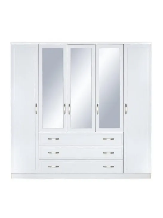 DESIGNER BOXED CAMBERLEY WHITE 5 DOOR 3 DRAWER MIRRORED WARDROBE (BOXES 1 & 2 OF 3 ONLY)