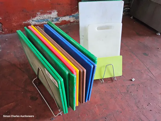 ASSORTED COLOURED CHOPPING BOARDS & 2 RACKS