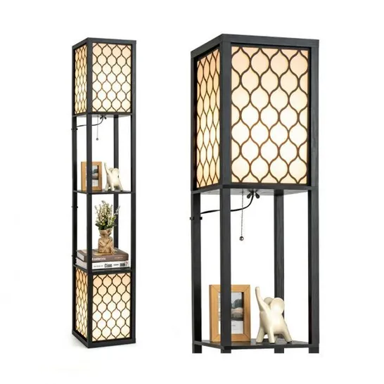 BOXED COSTWAY DOUBLE FLOOR LAMP FREESTANDING BEDSIDE LOUNGE LIGHT W/2 TIER STORAGE SHELVES E27