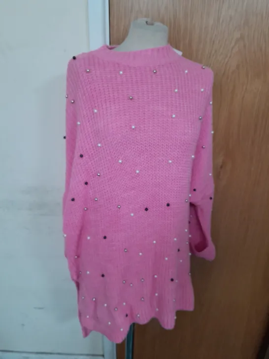 NEW COLLECTION KNITTED JUMPER IN PINK WITH PEARL EMBROIDERY ONE SIZE