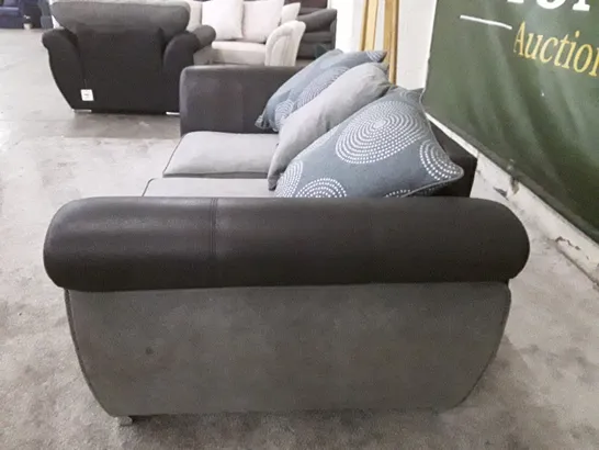 QUALITY DESIGNER 2 SEATER SOFA - GREY FABRIC/BLACK LEATHER