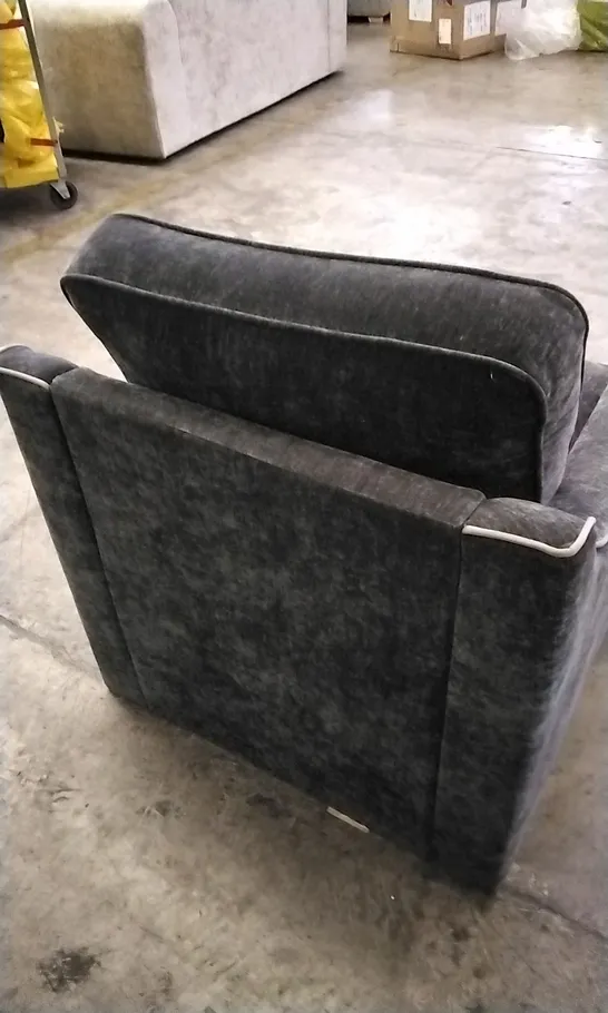 DESIGNER DARK GREY FABRIC ARMCHAIR WITH PATTERNED CUSHION