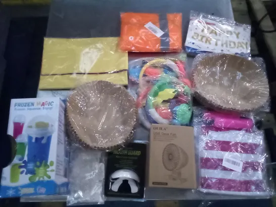 PALLET OF 6 BOXES CONTAINING ASSORTED ITEMS INCLUDING BIRTHDAY DECORATIONS, USB DESK FAN, HI-VIS VEST, MOUTH GUARD, AIR FRYER LINERS, FROZEN MAGIC SQUEEZE CUP 