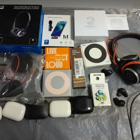 LOT OF ASSORTED ITEMS TO INCLUDE SEINHEISSER HEADSETS, EARBUDS AND WIRELESS MICROPHONE