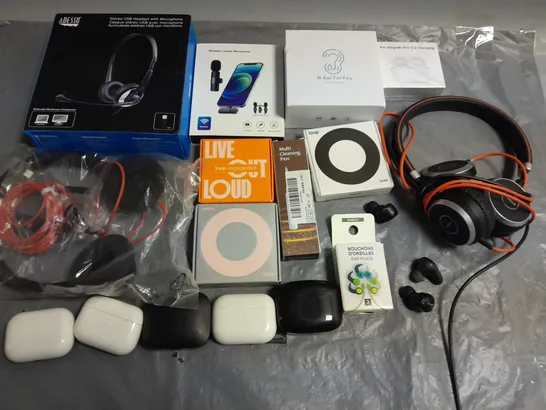 LOT OF ASSORTED ITEMS TO INCLUDE SEINHEISSER HEADSETS, EARBUDS AND WIRELESS MICROPHONE