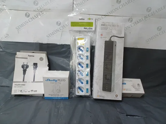 BOX OF APPROX 30 ASSORTED ITEMS TO INCLUDE -SHELLY PLUG , HAMA POWER CABLE , SMART WIFI MINI PLUG ETC