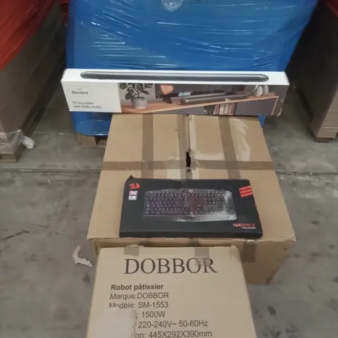 PALLET OF ASSORTED ITEMS INCLUDING, SONORO SOUND BAR, CATERING FOOD WARMER, HARPE 2 GAMING KEYBOARD AND DOBBOR ELECTRIC MIXER 