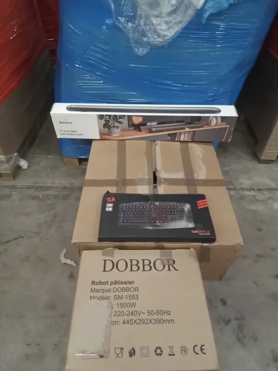 PALLET OF ASSORTED ITEMS INCLUDING, SONORO SOUND BAR, CATERING FOOD WARMER, HARPE 2 GAMING KEYBOARD AND DOBBOR ELECTRIC MIXER 