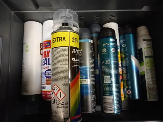 BOX OF APPROXIMATELY 10 ASSORTED AEROSOLS TO INCLUDE DOVE MEN DEODORANT, BATISTE DRY SHAMPOO, MOTIP CLEAR VARNISH - COLLECTION ONLY