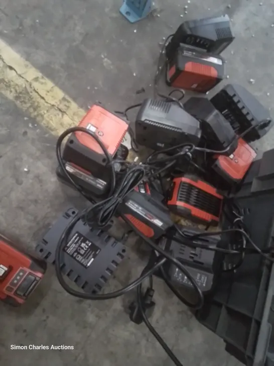 TRAY OF APPROXIMATELY 7 EINHELL BATTERY CHARGERS & BATTERIES 