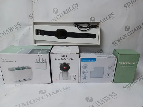 BOX OF APPROX 20 ASSORTED ITEMS TO INCLUDE - SMART WATCH IN BLACK - M01 LASER LIGHT CAT TOY - POVERBEAST FOLDABLE MIST FAN ECT