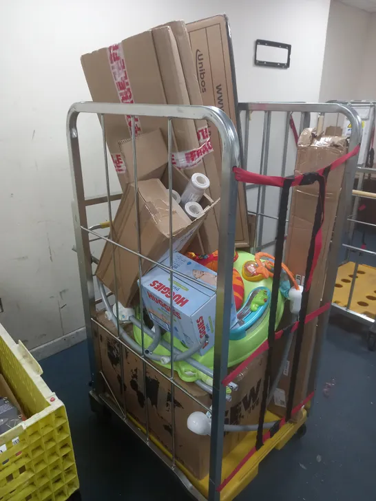 CAGE OF ASSORTED HOUSEHOLD ITEMS TO INCLUDE STIHL TS410, ARTHOUSE WALL PAPER ROLLS, HUGGIES PURE PLASTIC WIPES, FISHERPRICE BABY ACTIVITY STATION, AND VARIED PHOTOFRAMES ETC. 