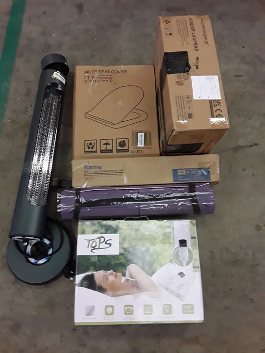 PALLET OF ASSORTED PRODUCTS INCLUDING KIDS TRICYCLE, TOILET SEAT, YOGA MAT, LED INTEGRATED FIXTURE, HEATED THROW