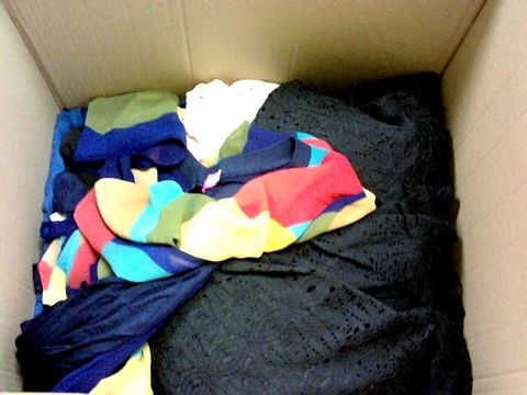 BOX OF A SIGNIFICANT QUANTITY OF ASSORTED DESIGNER CLOTHING ITEMS TO INCLUDE DESIGNER ORANGE DRESS, DESIGNER MULTI-COLOURED DRESS, DESIGNER BLACK FRILL DRESS ETC