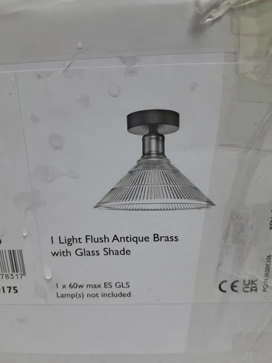 BOXED BOYD 1 LIGHT FLUSH ANTIQUE BRASS WITH GLASS SHADE