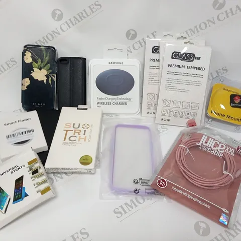 LARGE QUANTITY OF ASSORTED ELECTRICAL ACCESSORIES TO INCLUDE; SAMSUNG WIRELESS CHARGER PAD, TED BAKER PHONE CASE AND SMART FINDER