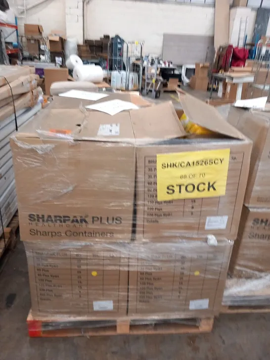 PALLET OF APPROXIMATELY 150 SHARPAK PLUS UN 3291 60 PLUS INFECTIOUS SUBSTANCE BINS