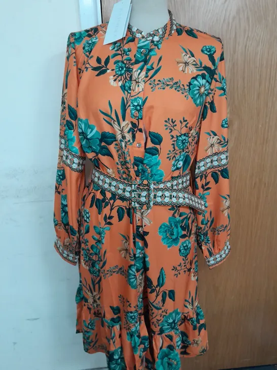 RAISHMA LONDON BUTTON UP BELTED DRESS IN ORANGE MULTI FLORAL SIZE 12