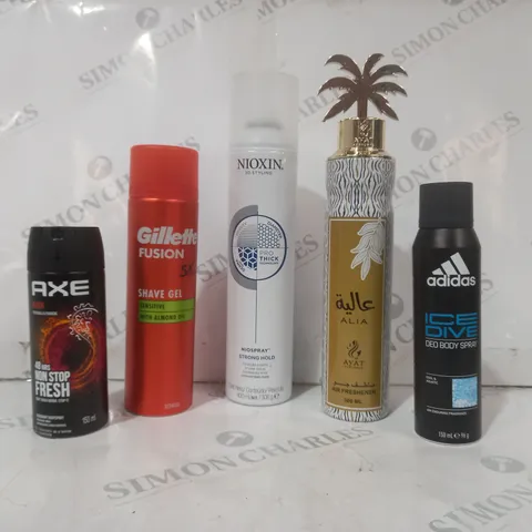 APPROXIMATELY 10 ASSORTED AEROSOL ITEMS IN INCLUDE NIOXIN STRONG HOLD HAIRSPRAY, ALIA AIR FRESHENER, AXE BODYSPRAY, ETC - COLLECTION ONLY