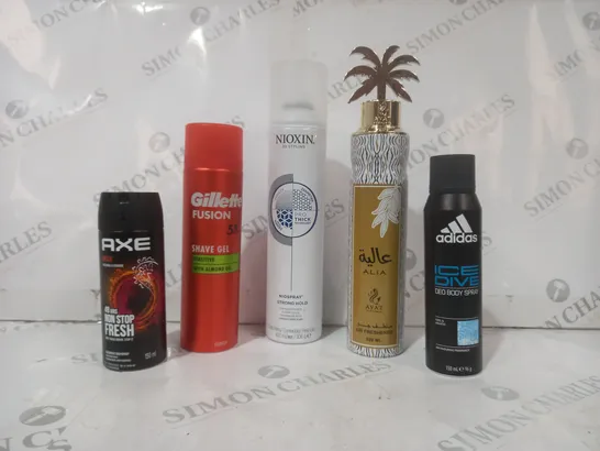 APPROXIMATELY 10 ASSORTED AEROSOL ITEMS IN INCLUDE NIOXIN STRONG HOLD HAIRSPRAY, ALIA AIR FRESHENER, AXE BODYSPRAY, ETC - COLLECTION ONLY