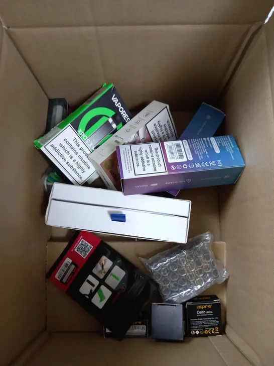 BOX OF APPROXIMATELY 10 ASSORTED E-CIG PRODUCTS TO INCLUDE ASPIRE, OXVA, VAPORESSO ETC