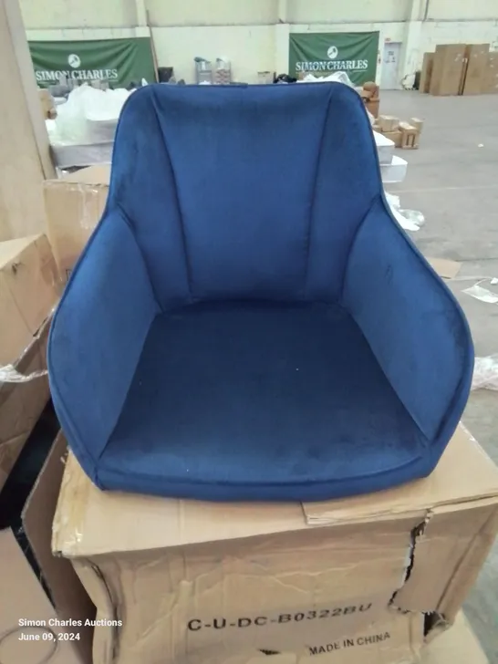 A BOXED PAIR OF VELVET UPHOLSTERED BLUE SIDE CHAIRS