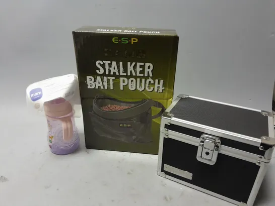 APROXIMATELY 15 ASSORTED HOUSEHOLD ITEMS TO INCLUDE ESP STALKER BAIT POUCH, VAULTZ STORAGE BOX, MAM TRAINER+ CUP, ETC