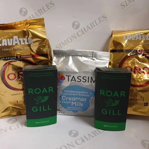 BOX OF 5 ITEMS TO INCLUDE LAVAZZA PREMIUM COFFEE BEANS, TASSIMO CREAMER FROM MILK AND ROAR GILL COFFEE PODS