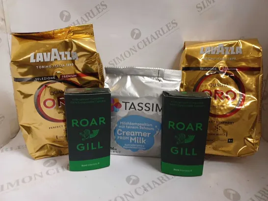 BOX OF 5 ITEMS TO INCLUDE LAVAZZA PREMIUM COFFEE BEANS, TASSIMO CREAMER FROM MILK AND ROAR GILL COFFEE PODS