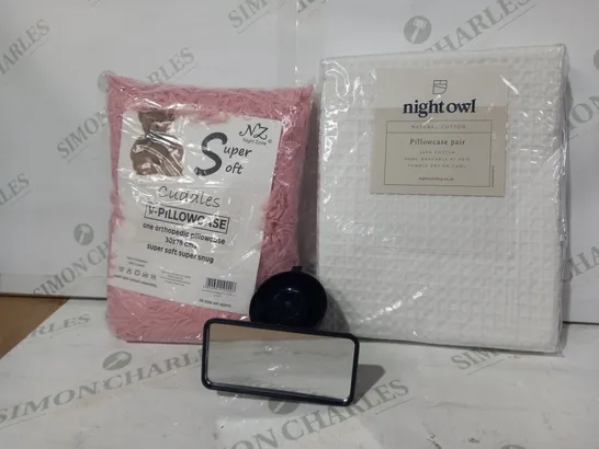 BOX OF APPROXIMATELY 20 ASSORTED HOUSEHOLD ITEMS TO INCLUDE NIGHT OWL PILLOWCASE PAIR, NIGHT ZONE SUPER SOFT V PILLOWCASE, ETC