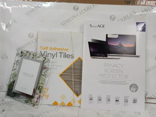 BOX OF APPROXIMATELY 10 ASSORTED HOUSEHOLD ITEMS TO INCLUDE SENSEAGE PRIVACY SCREEN PROTECTOR, TILETASTIC SELF ADHESIVE VINYL TILES, HESTIA HOME COLLECTION GLASS FRAME, ETC