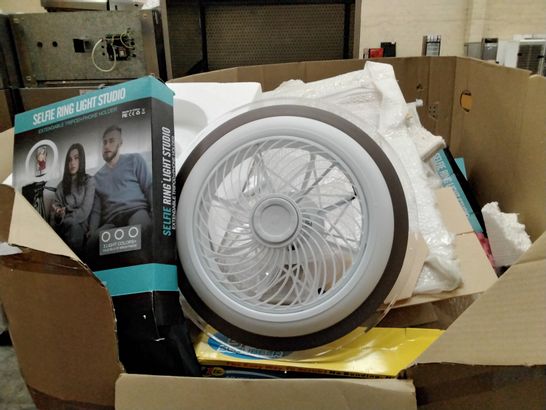 PALLET OF ASSORTED ITEMS INCLUDING SHIELD GUARD, CLEANING ELECTRICAL BRUSH, SELFIE RING LIGHT, FOAM ROLLERS AND LED CEILING FAN