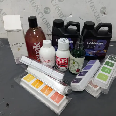 APPROXIMATELY 50 ASSORTED ITEMS TO INCLUDE EPOXY RESIN, GREEN VALLEY FRESH DYE INK, FRAGRANCE OILS, TILE GROUT, ANTI-MOULD PAINT ADDITIVE 