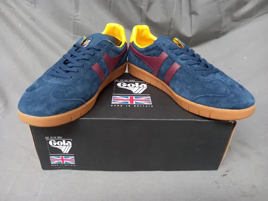 BOXED PAIR OF GOLA HURRICANE SUEDE SHOES IN NAVY/BURGUNDY/SUN UK SIZE 8