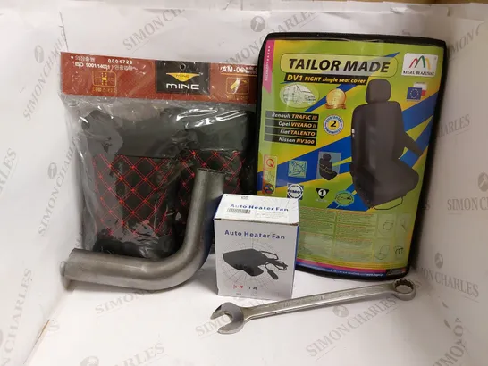 BOX OF APPROX 10 ITEMS TO INCLUDE AUTO HEATER FAN, TAILOR MADE DV1 RIGHT SINGLE SEAT COVER, MINC SUPPORT CUSHIONS