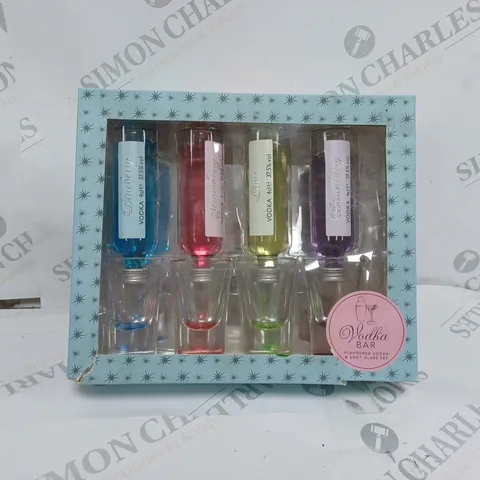 BOXED VINTAGE MARQUE VODKA BAR 4 X 4CL FLAVOURED VODKAS AND SHOT GLASSES