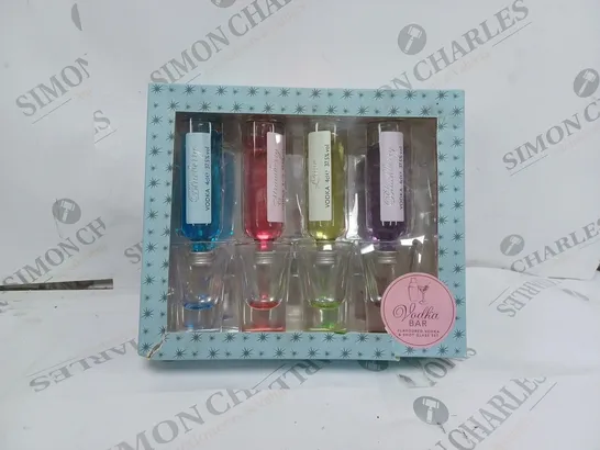 BOXED VINTAGE MARQUE VODKA BAR 4 X 4CL FLAVOURED VODKAS AND SHOT GLASSES