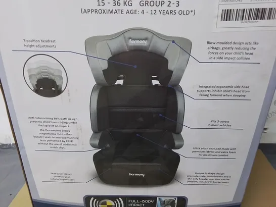 BOXED AS NEW HARMONY DREAMTIME DELUXE COMFORT BOOSTER SEAT - 15-36KG