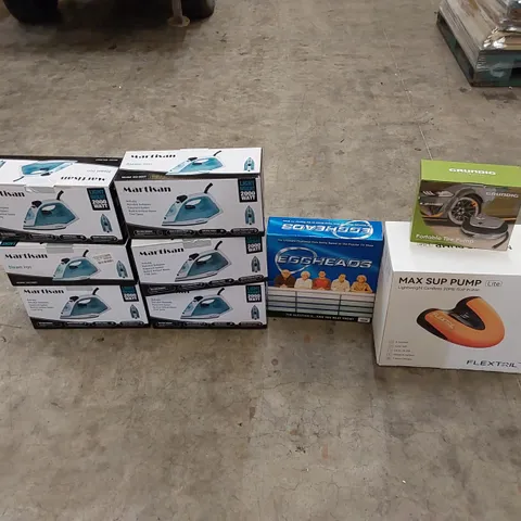 PALLET OF ASSORTED HOUSEHOLD ITEMS AND CONSUMER PRODUCTS. INCLUDING STEAM IRONS, TIRE PUMP, CORDLESS PUMP ETC