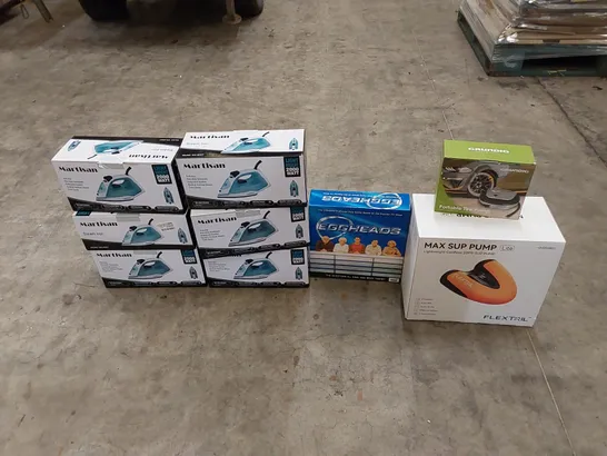 PALLET OF ASSORTED HOUSEHOLD ITEMS AND CONSUMER PRODUCTS. INCLUDING STEAM IRONS, TIRE PUMP, CORDLESS PUMP ETC