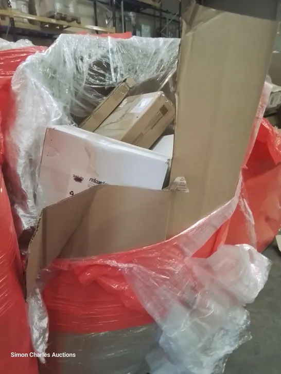 PALLET OF ASSORTED ITEMS TO INCLUDE, ROLLER BLINDS, ELECTRIC STAND FAN, PARASOL BASE, PAIR PLANTERS, LOG BASKET, LAWN LEAF BAGS, RETRACTABLE STAIR GATE.