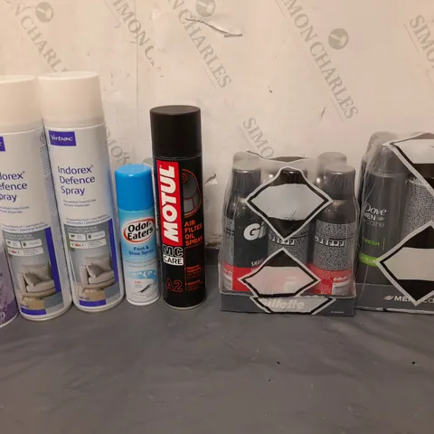 APPROXIMATELY 12 ASSORTED AEROSOLS TO INCLUDE DOVE DEODRANT, GILLETTE SHAVING CREAM, AND INDOREX DEFENSE SPRAY ETC. 