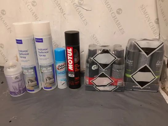 APPROXIMATELY 12 ASSORTED AEROSOLS TO INCLUDE DOVE DEODRANT, GILLETTE SHAVING CREAM, AND INDOREX DEFENSE SPRAY ETC. 