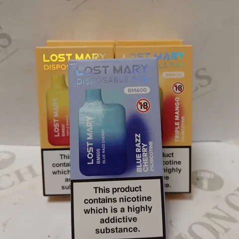 LOT OF 5 LOST MARY DISPOSABLE PODS BM600 TO INCLUDE 4 X TRIPLE MANGO & 1 X BLUERAZZ CHERRY 