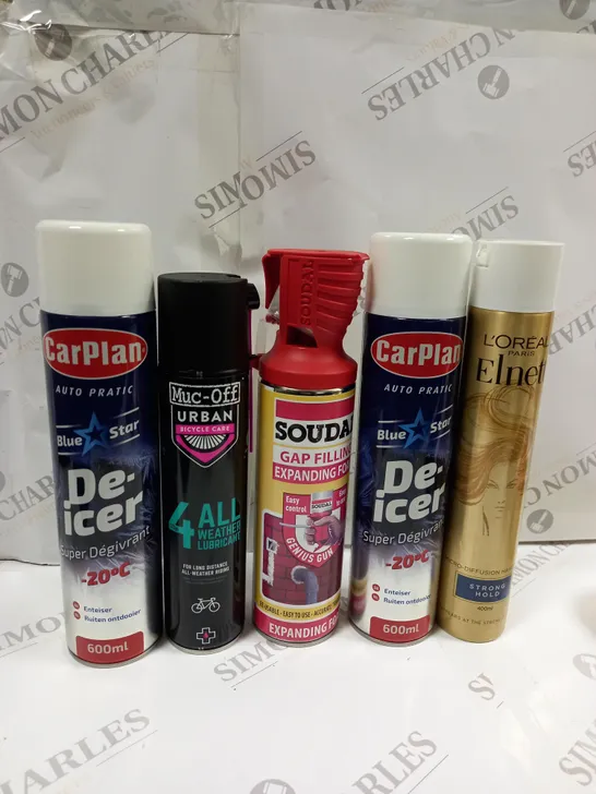 BOX OF APPROX 10 ASSORTED AEROSOLS TO INCLUDE CARPLAN DE-ICER, SOUNDAL GAP FILLING, LOREAL PARIS STRONGHOLD - COLLECTION ONLY