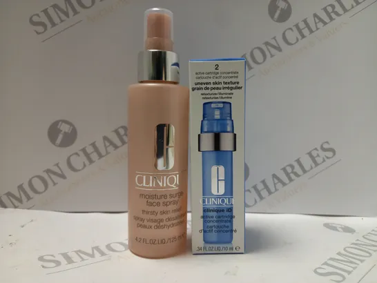 BOX OF 2 CLINIQUE PRODUCTS TO INCLUDE MOISTURE SURGE FACE SPRAY 125ML & CLINIQUE ID ACTIVE CARTRIDGE CONCENTRATE 10ML 