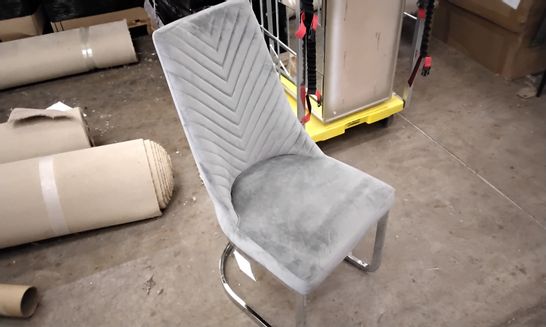 DESIGNER GREY FABRIC VELVET DINING CHAIR WITH CHEVRON PATTERN BACK 